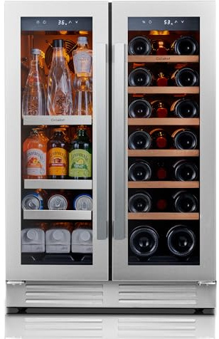 Ca'Lefort 24 Inch Wine and Beverage Refrigerator, 60 Can and 20 Bottle Wine Fridge 36-72°F, 3 LED Dual Zone Wine Cooler with Glass Door, Built-in Compressor Refrigerator for Home/Kitchen (4.10 cu.ft)