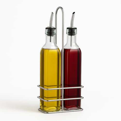 Chabrias Ltd Olive Oil Dispenser Bottle Set – 2-Pack 500ML/16 oz Cruets with Pourers & Metal Rack | Clear Glass Bottles for Oil, Vinegar, or Dressings – Ideal for Home & Restaurant Use