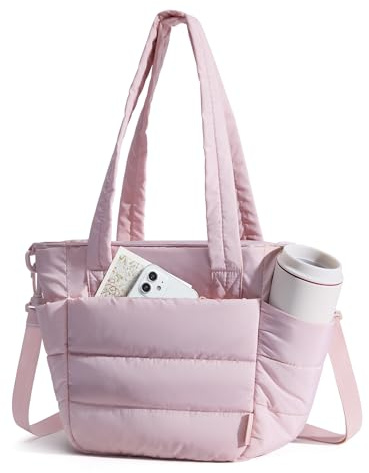 BAGSMART Lunch Bag Women Small Insulated Tote with Lunch Compartment Quilted Lightweight Puffy Tote Bag for Work, Travel, Outdoor, Pink
