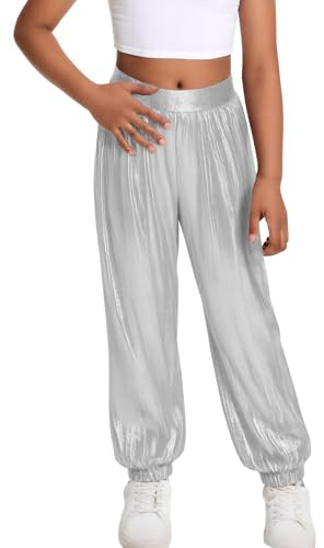 SEAUR Pantalones brillantes para niños y niñas, pantalones de baile hip hop, pantalones de chándal metálicos, festival, fiesta, danza, ropa de calle 110-160 = (EU 104-158), plata, 146-152