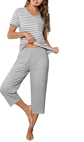 Crewhpo Pigiama Donna Estivo Cotone Pigiama a Righe Leggero Pigiami a Maniche Corto e Pantaloni Capri con Tasche Pigiami Due 2 Pezzi Morbido e Confortevole Grigio Chiaro M
