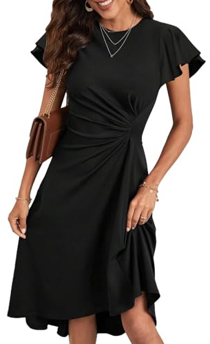 HUXRAKV Robe Femme Chic et Elegant Midi Robe de Cocktail Mancheà Volants Robe Unie A-Line à Plis de Taille Robe de Soirée Fête Affaires,52-Noir,M