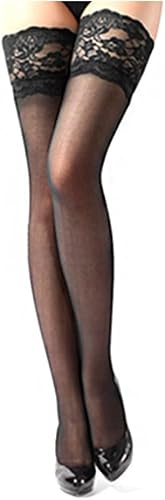 Xfome Style Women's Lace Top Sheer Thigh High Silk Stockings, Black, One size