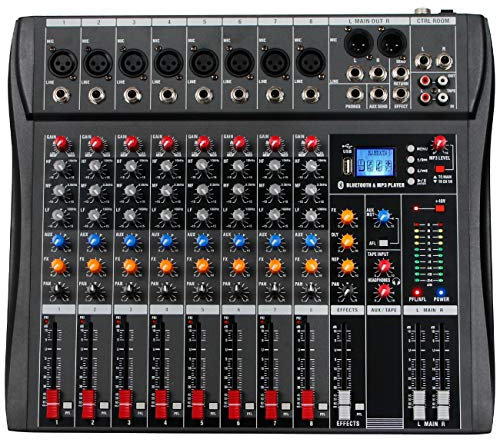 Depusheng DA8 Professional DJ Mixer Sound Board Console 8 Channel Desk System Interface Digital USB MP3 Input 48V Phantom Power Stereo DJ Studio FX Steel Chassis Bluetooth USB Audio Mixer for PC