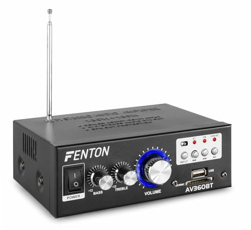 Fenton AV360BT Amplificador estéreo con Bluetooth, Reproductor MP3 y Mando a Distancia - Mini Amplificador Hi-Fi Compacto de 2 x 40 W con entradas USB/SD y Radio FM. Ideal casa, Bar, Home - Negro