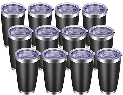 VEGOND 20oz Tumbler with Lid and Straw Stainless Steel Tumbler Cup Bulk Vacuum Insulated Double Wall Travel Coffee Mug Powder Coated Coffee Cup, Black 12 Pack