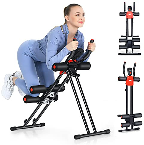 Goplus Foldable Core Abdominal Trainer, AB Workout Machine Exercise Equipment with 3 Adjustable Levels, LCD Display, Ab Cruncher Strength Training Equipment for Home Gym Fitness Black+Red