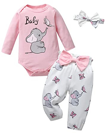 Joureker Newborn Baby Girl Clothes Sets Long Sleeve Elephant Animal Pattern Printed Romper + Pants 3Pcs Outfits, Pink, 0 Months