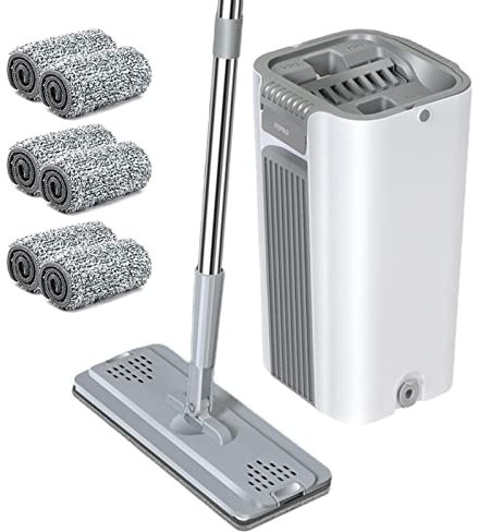 Firulab Mopa Limpiar Suelo Plana con Cubo Escurridor, Piso y Cubo con 6 Almohadillas Microfibra, Uso Húmedo y Seco, Sistema Limpieza Piso Ligero