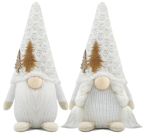 Godeufe Set of 2 Christmas Gonk Gnome Xmas Winter Decorations Reindeer Handmade Elf Dwarf Figurines for Home Kitchen Farmhouse Holiday Festival Party Scandinavian Tomte - White