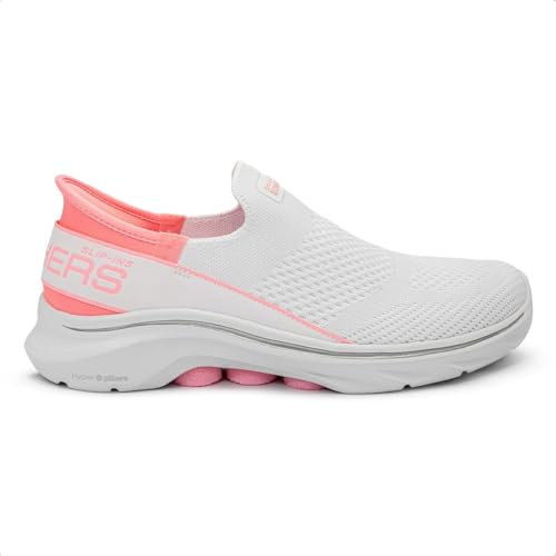Skechers Tenis Go Walk 7 MiaGO Walk 7 MIA para Mujer, White Textile Neon Pink Trim, 37.5 EU