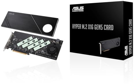 ASUS Hyper M.2 x16 Gen5 Card (PCIe 5.0/4.0) Supports Four NVMe M.2 (2242/2260/2280/22110) Devices up to 512 Gbps for AMD and Intel® Platform RAID Functions.