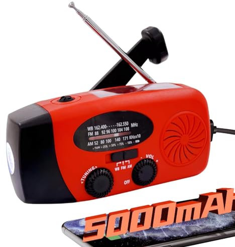 iRonsnow NOAA FM AM Radio météo d'urgence 5000 mAh, radio solaire avec SOS, prise casque, lampe de poche LED, 4 modes, chargeur de téléphone auto-alimenté pour le camping, la survie