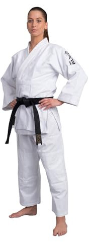 TEKKA BUDO Aikidoanzug Spezial mit Bestickung - weiß - 450g schwer - Aikidojacke bestickt - Schriftzeichen - Stabiler Stoff - Größe 140