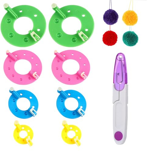 Pompom Maker,8PCS Pompom Maker Set,Pompon-Bastelsets,Kunststoff Pompom Maker Set,Fluff Ball Weaver Maker DIY Needle Crafts,mit 1 Schere,DIY Pom Pom Maker Fluff Ball Stricken Wolle Garn Werkzeug