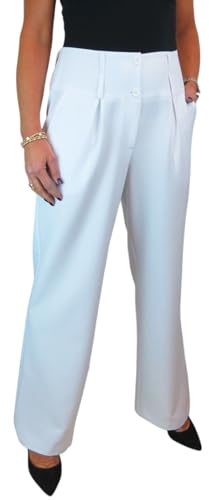 Paulo Due Women's Wide Leg Formal Trousers, High Waist, Pleated Smart Office Workwear White 10-22 (20)