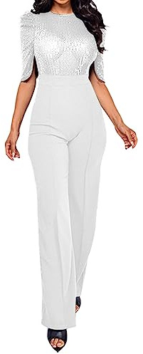 IQYU Byxdress dam festlig elegant bröllop – jumpsuit dam elegant paljett glitter overall cocktail byxkostymer sommar jumpsuits sexig onepiece långa sommaroveraller festkläder kostym, Vit, XL