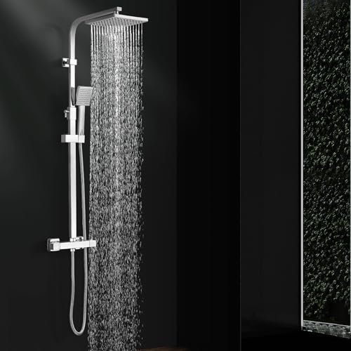 HOMELODY Duschsystem mit Thermostat Chrom, Duscharmatur Komplettset Messing Regendusche mit Armatur inkl. Handbrause, Kopfbrause, Verstellbarer Duschstange