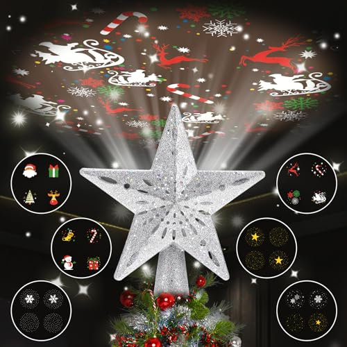 Aceshop Puntale per Albero di Natale, Stella Superiore dell'albero di Natale con 6 Modelli di Proiezione, 3D Puntale a Forma di Stella Luminoso, Luce Rotante LED Incorporata per Natale Feste Festival