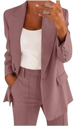 Flodxo Womens Suits Blazer Suit Set 2 Piece Outfits Suit Elegant Jacket Trousers Suits Long Sleeve Suit Pants Business Casual Set Ladies Office Sets Wedding Guest Work Office Pink L