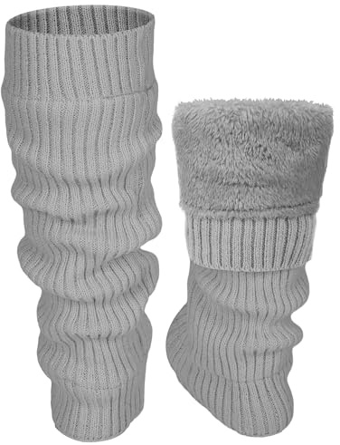 Shihanee Winter Fleece Lined Leg Warmers for Women Knit Long Leg Warmers Warm Fleece Lined Boot Socks for Skating Daily Wear(Soft Gray,Vertical Stripes)
