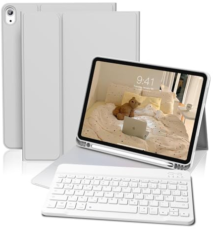 GKABXY Hülle mit Tastatur für iPad (A16) 10/11 Generation, 10.9/11 Zoll, (2022/2025), Soft TPU Rückseite Gehäuse mit Stifthalter, Magnetische Abnehmbar Bluetooth Tastatur, QWERTZ-Layout, Grau