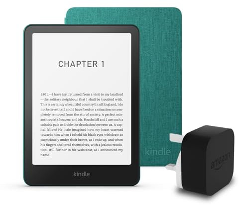 Kindle Paperwhite (2024 Release) 16 GB with ads, an Amazon Fabric Cover and an Amazon Powerfast 9W Power Adapter