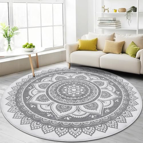 SHACOS Boho Teppich Rund 120 cm, Waschbar, Kurzflor, Rutschfester Wohnzimmerteppich, Runder Flauschiger Teppich für Wohnzimmer, Schlafzimmer, Kinderzimmer, Küche, Grau