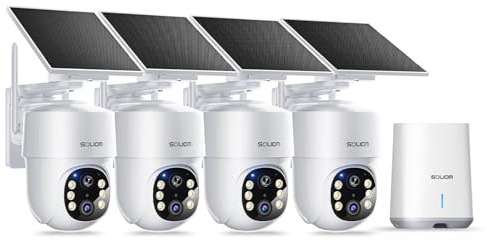 SOLIOM- 5MP Security Cameras Wireless Outdoor, No Subscription & Solar Powered,4-Cam Pack Cameras for Home Security with 360° Auto Motion Tracking, 3K Color Night Vision,5G & 2.4G Router Compatible