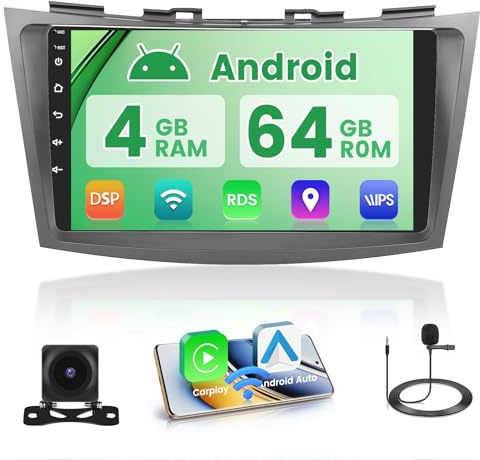5G WiFi 4+64G Android Autoradio för Suzuki Swift 2011-2017 Trådlös Carplay Android Auto,9 Tum IPS Skärm Autoradio med Navi Bluetooth5.0 FM/RDS SWC Backkamera
