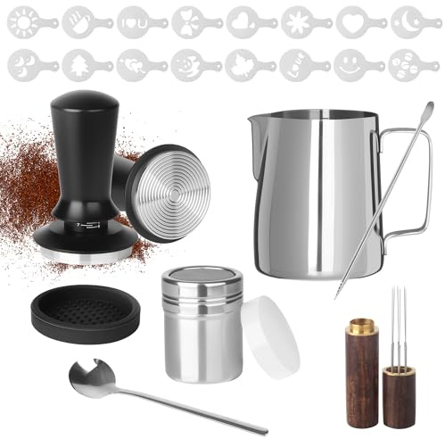 Juego de Prensador de Café de 51 mm, Accesorios para Prensar 23 PCS con Jarra de Leche de Acero Inoxidable de 350 ml y Agitador de Café, 16 Plantillas de Café, Lápiz para Arte Latte, Kit de Barista