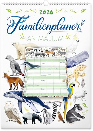 NOTIQUE Calendrier mural XXL 2026 – Planning mensuel utilisable comme planificateur familial avec 6 colonnes – Calendrier mensuel Calendrier familial 33 x 46 cm (Animalium)