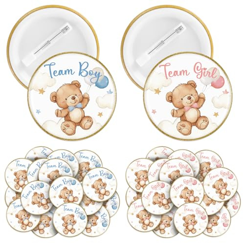 Landical 60 Pcs Bear Gender Reveal Pins, Funny Baby Shower Team Gender Reveal Decorations for Party Supplies Blue and Pink Team Button Pins Games Decorations
