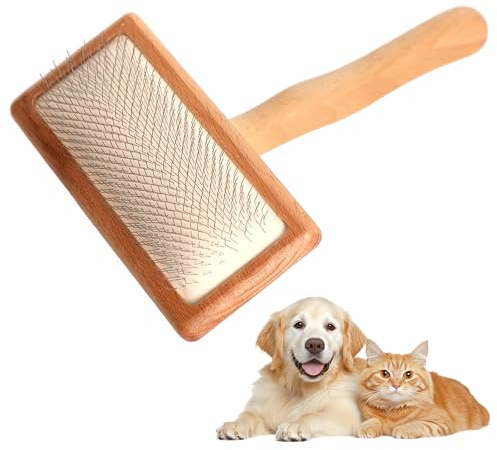 Dog Brushes with Air Cushion, Cat Brush Deshedding Tool with Net Needle, Wooden Handle Grooming Brush, Removes Undercoat Tangles & Loose Fur