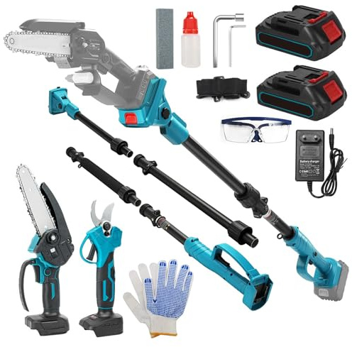 Kit 4-en-1 Tijeras de Podar y Motosierra Inalámbrica, Mini Motosierra Inalámbrica de 6 con 2 Baterías 4.0Ah y Cargador, Podadora de Altura Inalámbrica con Mango Telescópico & Sierra Eléctrica