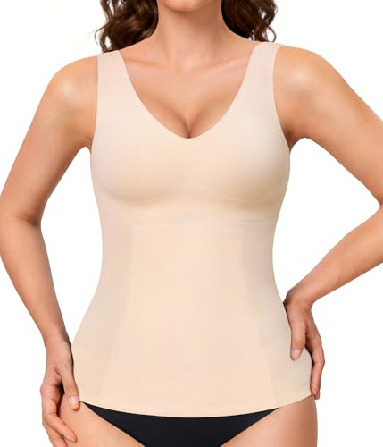 LANCS Compression Tanks Tops for Women Seamless Shapewear Vest Tummy Control V Neck Camisole Cami Tops (Beige, Medium)