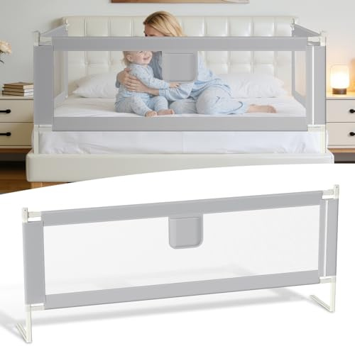 Peviasot Rete letto 200 x 80 cm – Altezza regolabile protezione contro le cadute letto con chiusura di sicurezza, stabile griglia di protezione per letto e letto dei genitori, un lato, grigio