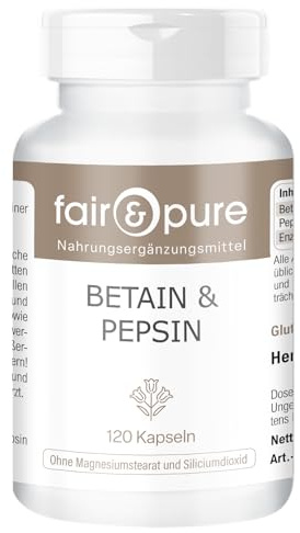 Fair & Pure betain- och pepsinkapslar med gentianarot, 120 stycken, fullspektrum-enzymkapslar, kosttillskott utan tillsatser, tillverkade i Tyskland.