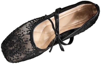 Bailarinas Mujer Encaje,Merceditas Mujer de Malla con Lazo Moda Simple Zapatos Planos Sin Cordones Puntera Redonda Cómodas Transpirables Zapatillas Informal Mary Jane para Fiesta Boda Diario