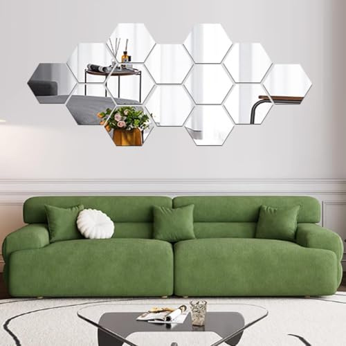 MCLEULLA 12 Pcs Acrylic Mirror Wall Stickers Hexagon Plastic Wall Stickers for Home Decor Living Room Bedroom Over Sofa or TV Gold (silver)