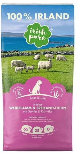 Irish Pure Trockenfutter Adult | 12kg | Weidelamm & Freiland-Huhn mit Kelp-Alge | Hoher Fleischanteil | Getreidefrei | Sensitiv | Hundetrockenfutter | Hundefutter für alle Rassen