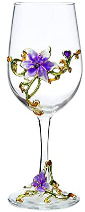 XUDREZ Painted Enamel Flower Lead-Free Wine Glasses,320ml/10.8 OZ Red/White Crystal Wine Glasses (Purple Cup Lily)