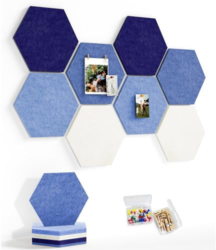 Uoisaiko 12 Large Bulletin Board with 30 Push Pins, Pack of 8 Hexagon Felt Pin Board Notice Boards for Home Office Kitchen, Felt Wall Tiles for Photos Memos