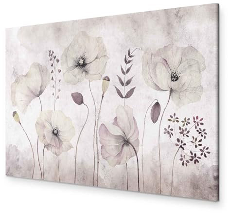B&D XXL - Wandbilder Mohnblumen 120x80 cm 1 tlg Vlies Leinwand XXL Bilder Wand Deko Bilder Wohnzimmer Bild Schlafzimmer Leinwandbilder Kunstdruck Groß - Blumen Botanik Blätter Natur beige b-C-0878-b-a