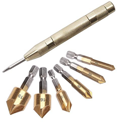 YIXISI 7 Piezas Hex Shank HSS Avellanador de 5 Flautas con Revestidas de Titanio, Brocas Avellanadoras Cónicas HSS 90° con Punzón Central Automático, para Madera, 6/8/9/12/16/19 mm