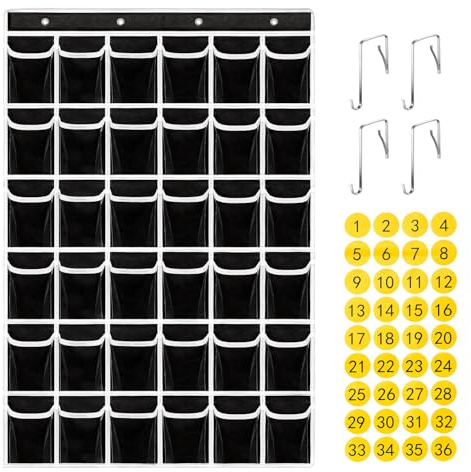 ANSTROUT Tableau de poche pour téléphone portable, 36 pochettes transparentes pour calculatrice avec autocollant numéroté, organiseur de téléphone portable à suspendre pour salle de classe (noir)