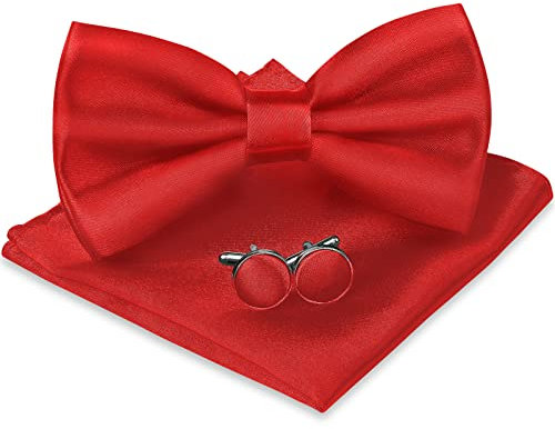 URAQT Fliege Herren, 3-teiliges Klassische Einfarbig Fliegen mit Einstecktuch Manschettenknöpfe für Männer, Smoking Fliege Schleife mit Haken, Schmale Bow Tie für Hochzeit Party (Rot)