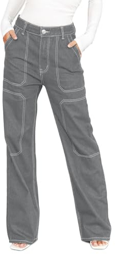 Dokotoo Womens Casual Mid Waist Cargo Jeans for Women Stretch Wide Leg Denim Pants Gray Size 16