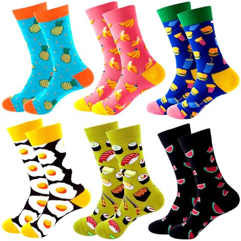 ASYBHYY Calcetines Hombre Divertidos Estampados, Calcetines Frutas Dibujos de Algodón Fantasía Mujer Media Colores Originales Graciosos de Pareja Unisex - Pack 6 Pares