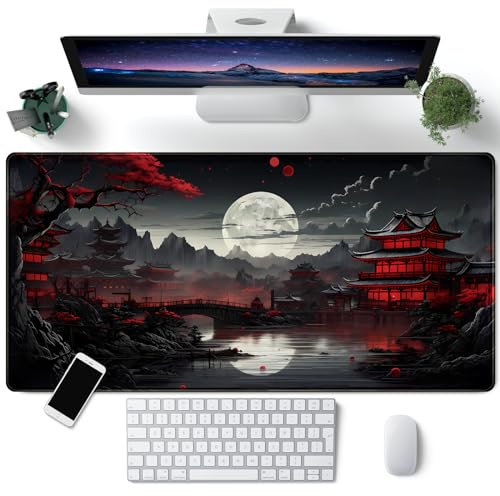 Japanese Desk Mat Riverside Full Moon Desk Pad Black Red Large Mouse Pad Gaming Mousepad Extended XXL Keyboard Pad 31.5 x 15.7 in Laptop Computer Mouse Keyboard Mat for Office Desk Decor